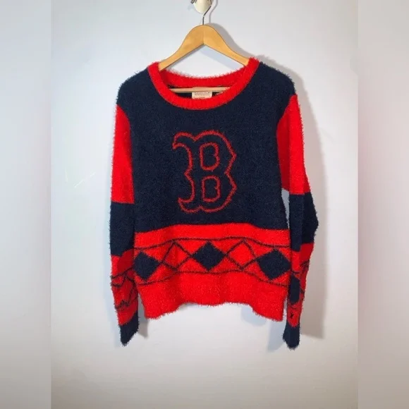 KLEW Boston red socks argyle licensed Cozy Red navy Sweater fair isle L NWT - Picture 2 of 7